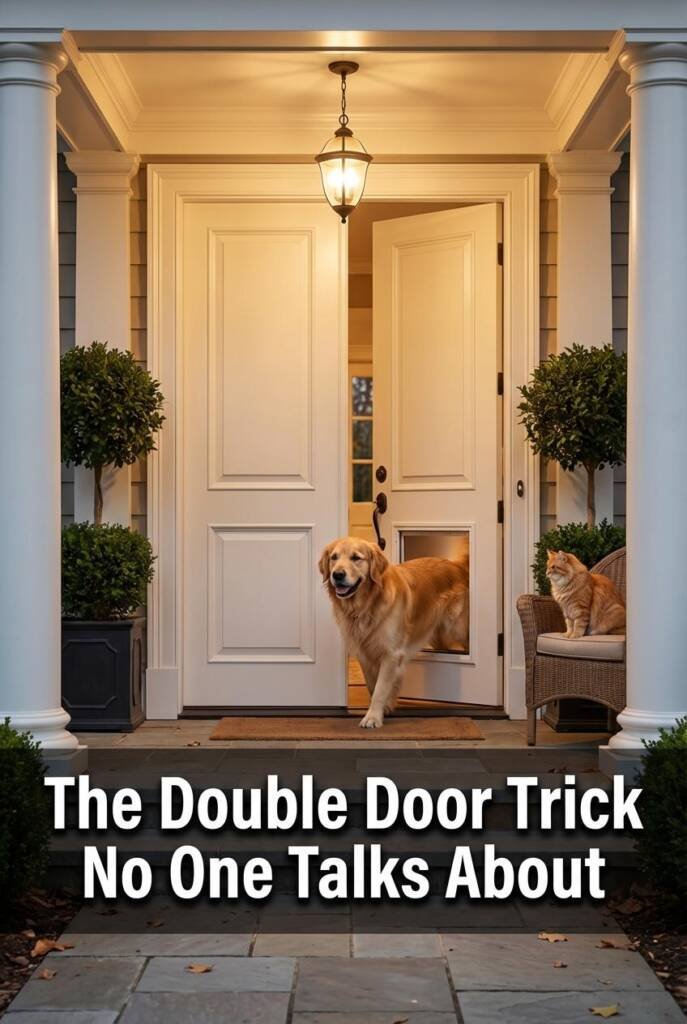 Grand symmetrical double front doors in white or cream — shot from the front walk. One door slightly ajar revealing the pet d
