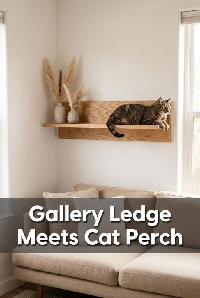 Photorealistic vertical 2:3 image of a bright, airy living room with white plaster walls. A solid white oak floating shelf mo