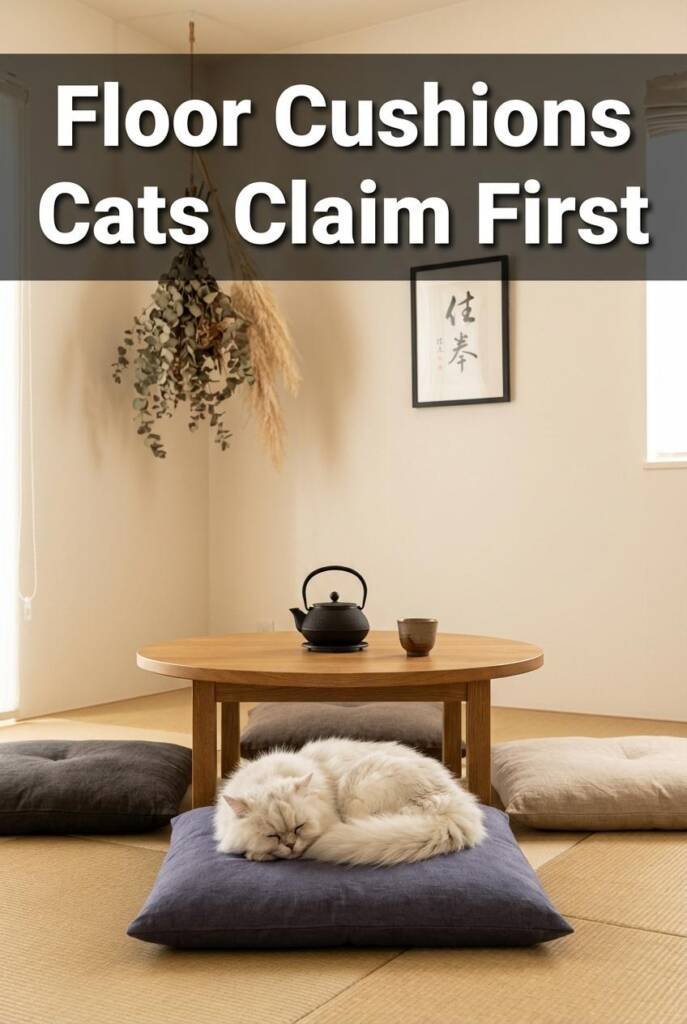 Photorealistic vertical 2:3 image of three Japanese zabuton floor cushions in muted indigo, warm charcoal, and natural linen