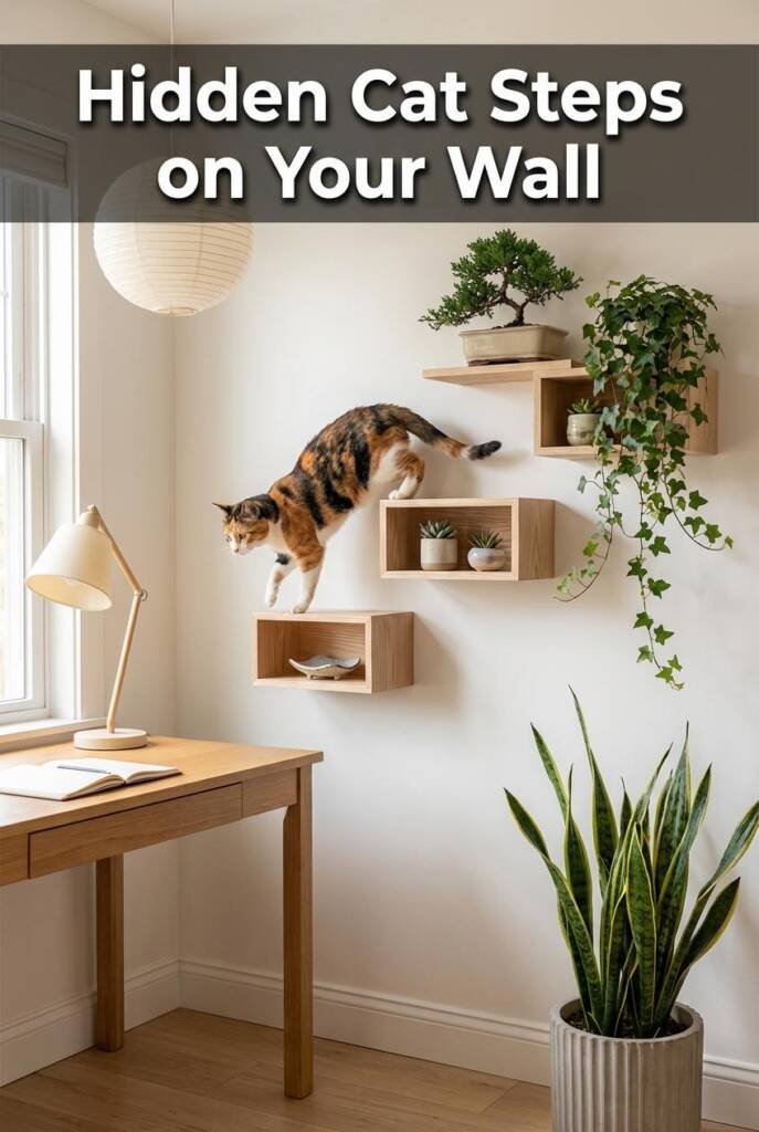 Photorealistic vertical 2:3 image of a white wall with five small ash wood box shelves mounted in a staggered ascending patte