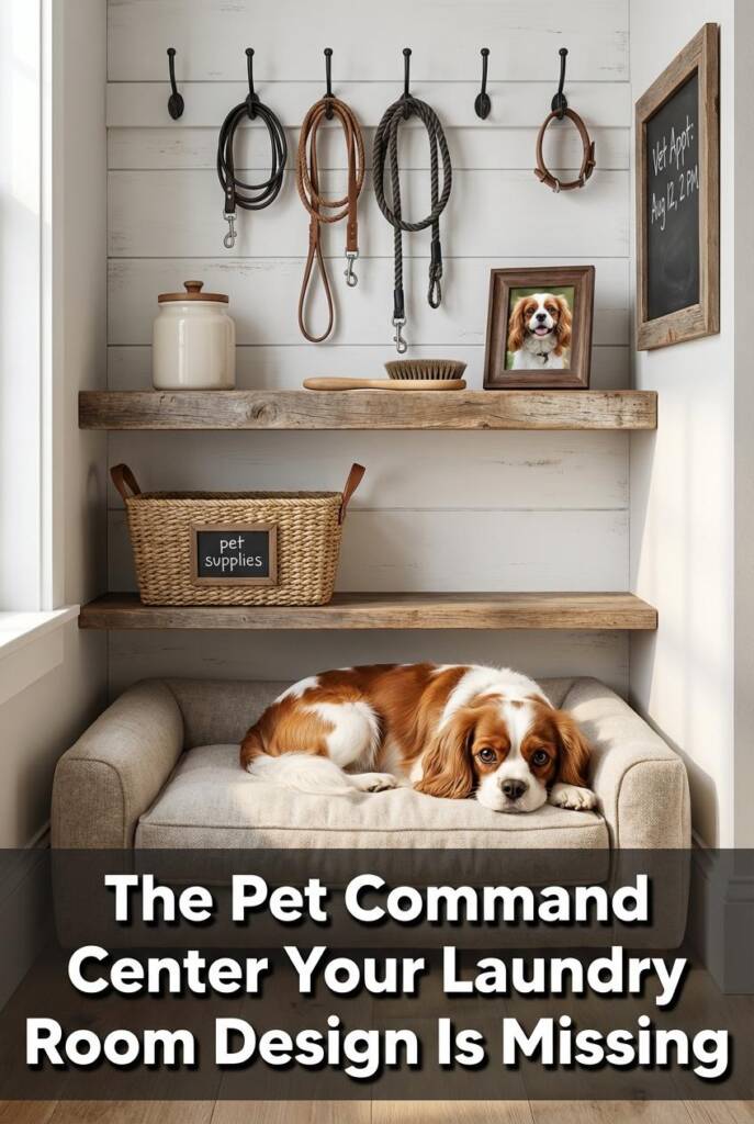 Styled laundry room wall with white shiplap paneling. A row of matte black wall hooks holds assorted leather and rope leashes
