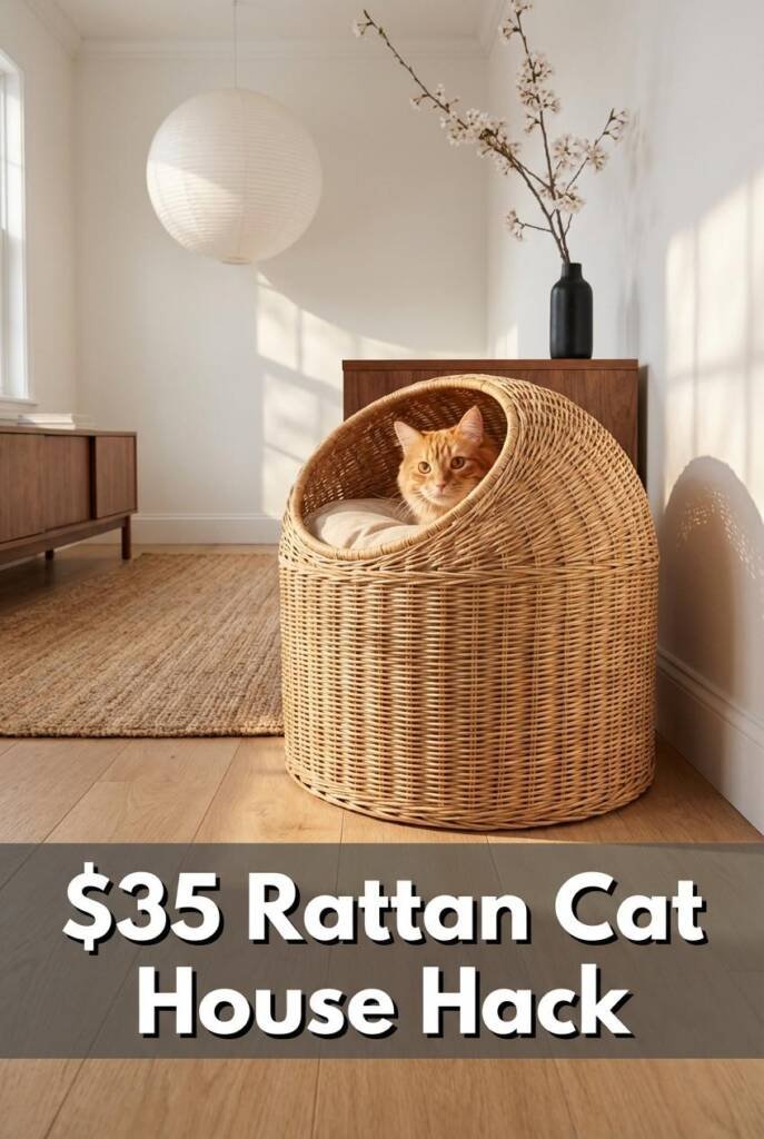 Photorealistic vertical 2:3 image of a round natural rattan basket with a half-dome lid sitting on a light wood floor next to