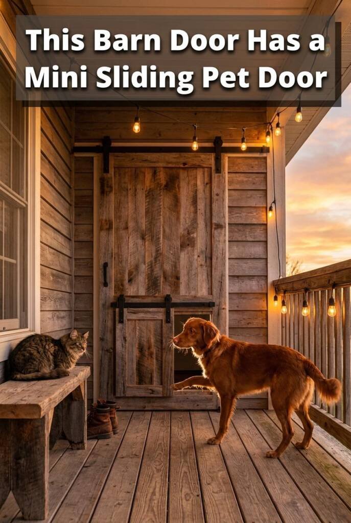 Rustic barn-style sliding door on black iron track hardware. Below or beside it, a miniature sliding panel on a matching smal