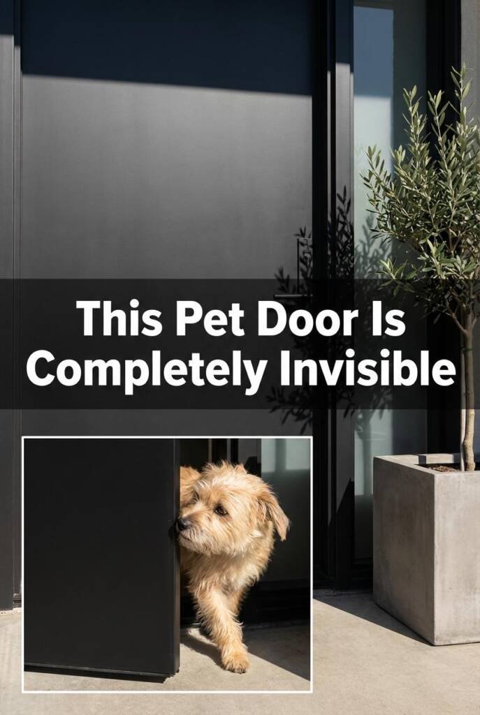 Close-up of a sleek matte black flush-panel front door — camera at knee height showing the pet door CLOSED and nearly invisib