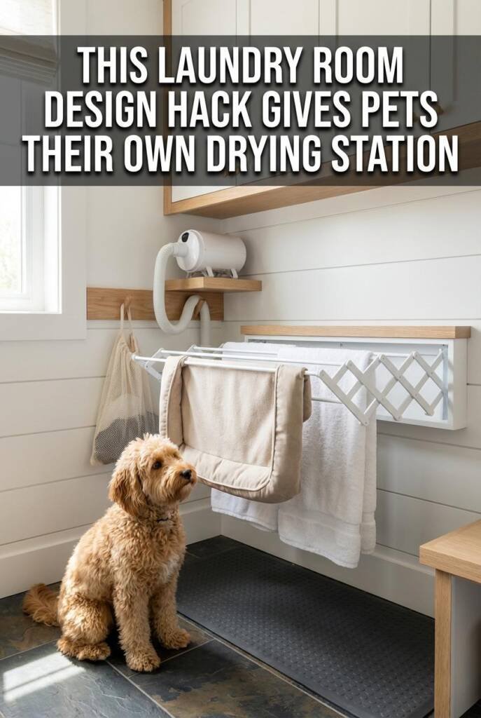 Modern laundry room corner with white walls and light wood accents. A sleek white accordion-style fold-down drying rack is ex