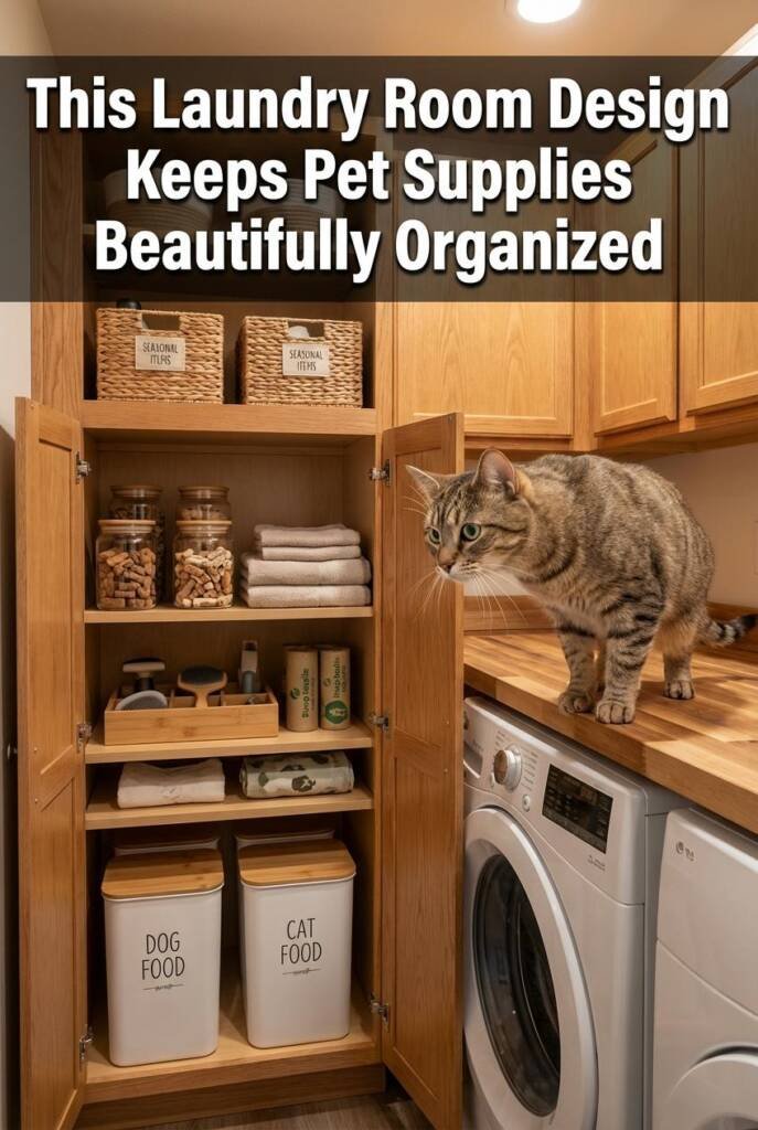 Full-height laundry room cabinet with both doors swung open revealing a perfectly organized pet supply system. Bottom shelf: