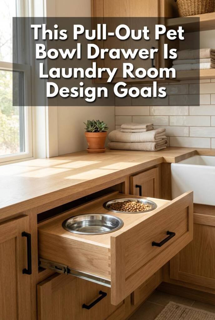 Close-up detail shot of a light oak base cabinet with a pull-out drawer extended, revealing two stainless steel pet bowls rec