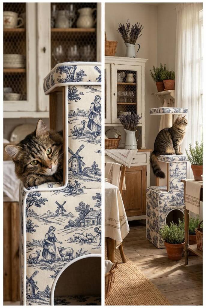 Charming cat tower upholstered in authentic navy blue toile de Jouy depicting pastoral French countryside scenes with shepher