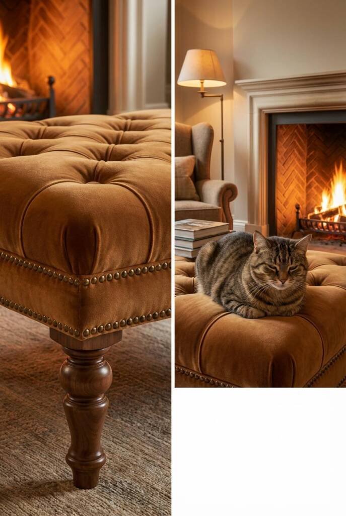 Sumptuous deep-buttoned velvet ottoman in rich caramel color with antique brass nailhead trim and turned wooden legs, shallow