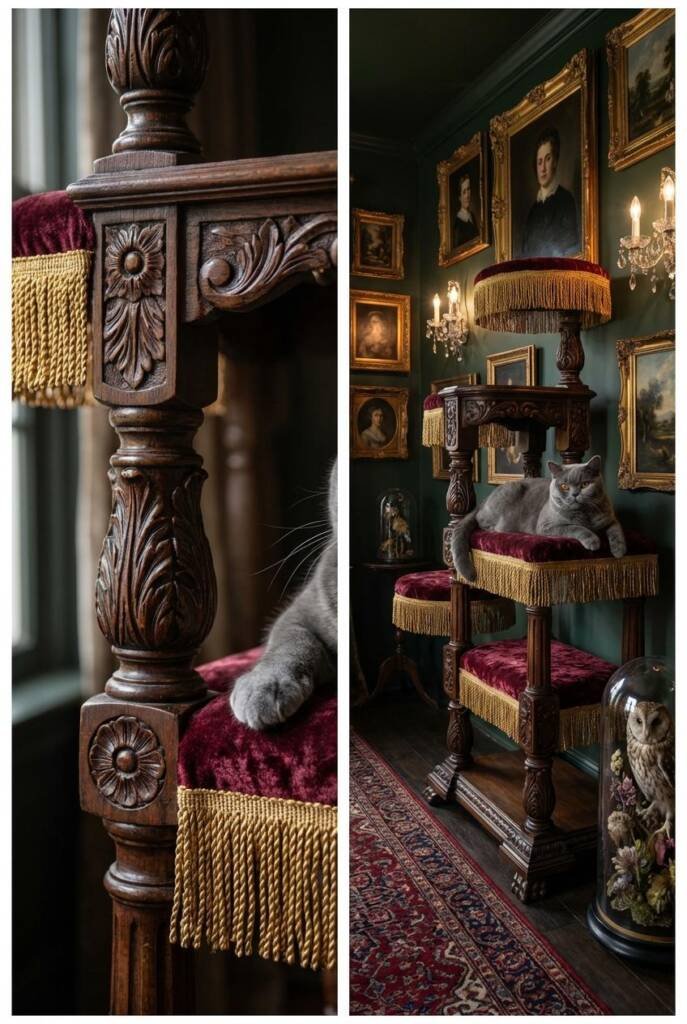 Extravagant Victorian-style cat tower with hand-carved mahogany featuring acanthus leaves, scrollwork, and rosette details, p