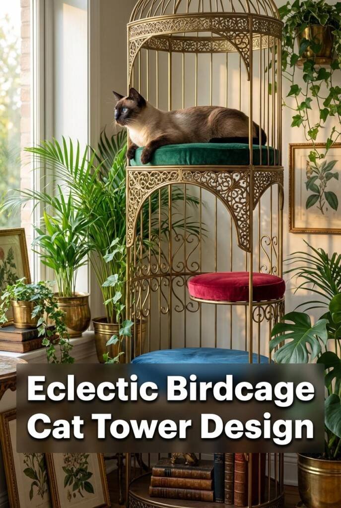 Dramatic grandmillennial cat tower using deconstructed vintage birdcage architectural elements - ornate brass Victorian scrol