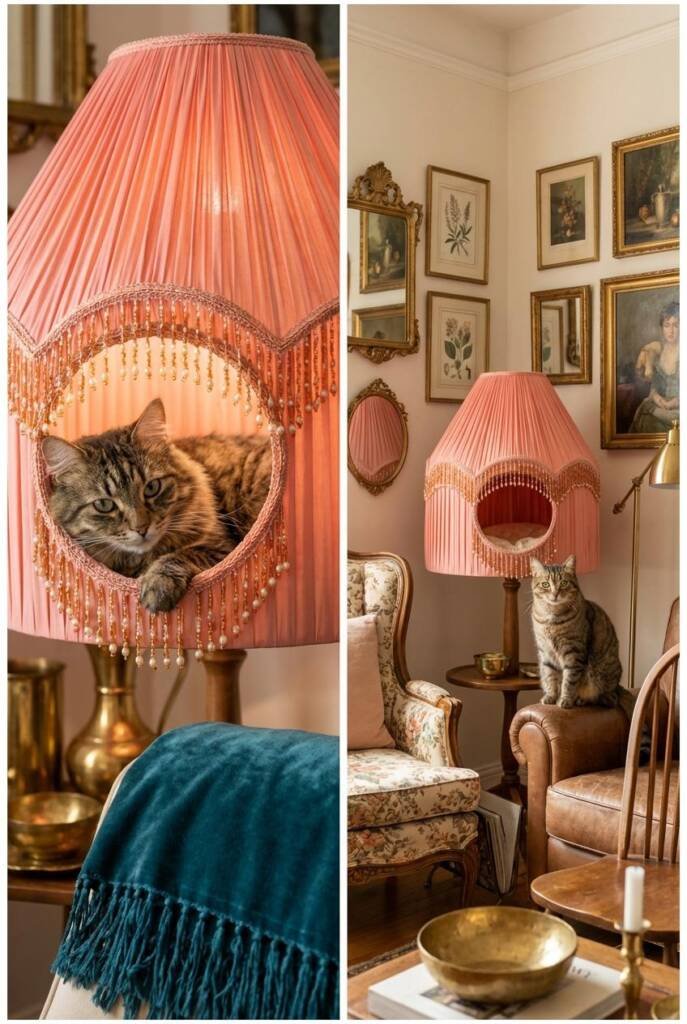 Ingenious cat tower topped with vintage pleated silk lampshade in coral pink with beaded fringe trim, converted into cozy cav