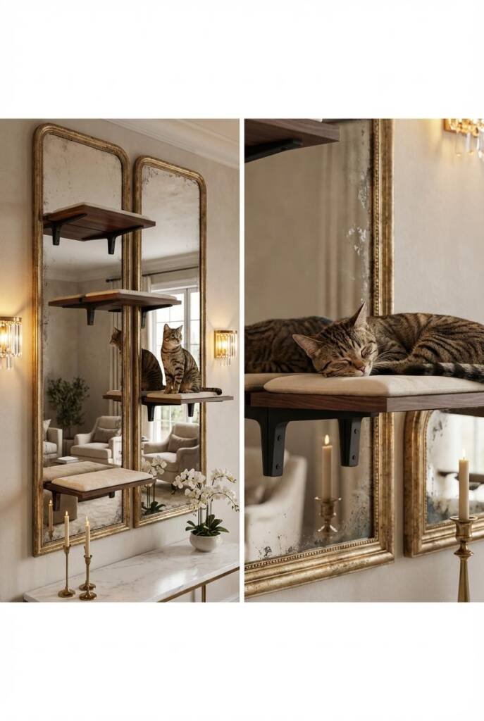 Brilliant cat wall shelves in dark wood mounted against large antiqued mirror panels with ornate gilded frames creating infin