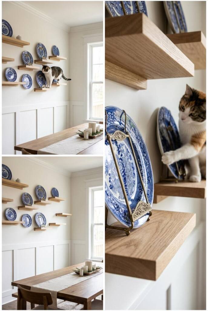 Ingenious staggered cat wall shelves in white oak interwoven with curated collection of transferware plates in cobalt blue, e