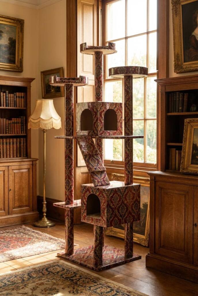 Tall cat tower fully wrapped in bold vintage damask wallpaper, dramatic colors, sealed glossy finish, styled as a centerpiece