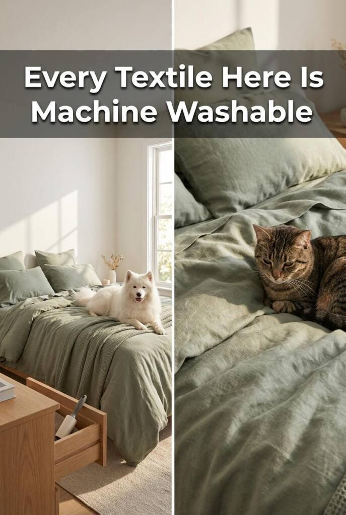 A casually luxurious bedroom dressed entirely in machine-washable sage green linen bedding with a soft lived-in texture. A wa