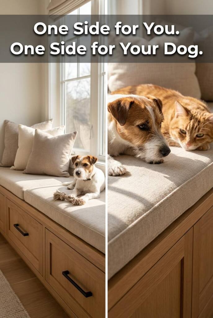 A charming bedroom window seat stretching beneath a bright sunny window. The seat is divided into two zones: one side has thr