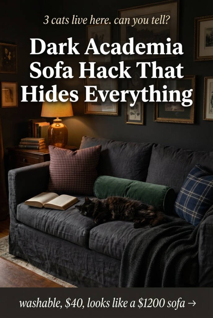 sofa in dark academia living room with cat sprawled across middle burgundy houndstooth cushion forest green velvet bolster navy plaid throw and open book on arm with vintage gallery wall