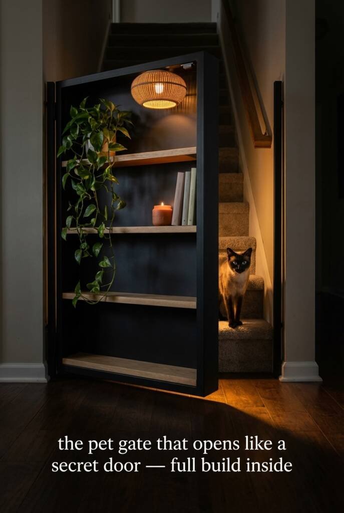 Built-in bookshelf gate swinging open at base of staircase, secret door pet gate idea for cat-proofing stairs, decorative stair gate disguised as built-in shelving