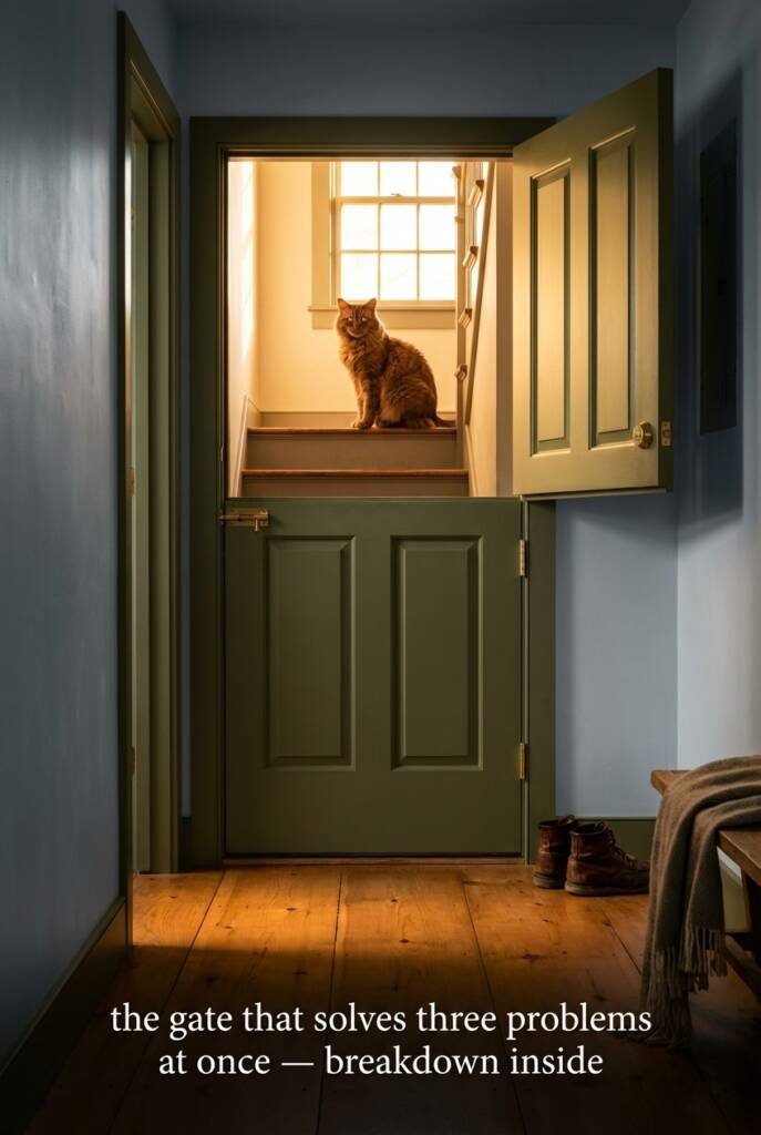 Matte olive Dutch door as pet gate at base of farmhouse staircase, split door with bottom half latched to contain cats, stylish built-in staircase pet gate idea in modern farmhouse hallway