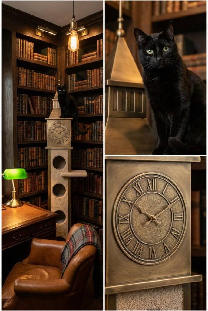 Shot from a low angle looking up in a dark academia-style study with floor-to-ceiling built-in bookshelves in rich espresso-s