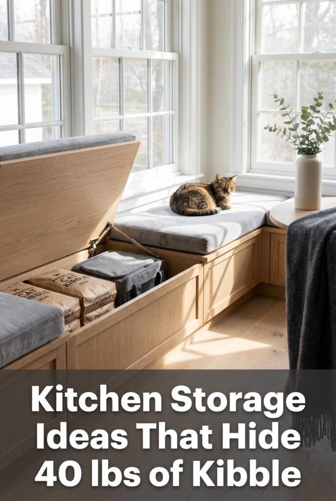 Modern farmhouse breakfast nook with a built-in window seat upholstered in oatmeal performance linen. The lift-top lid partia