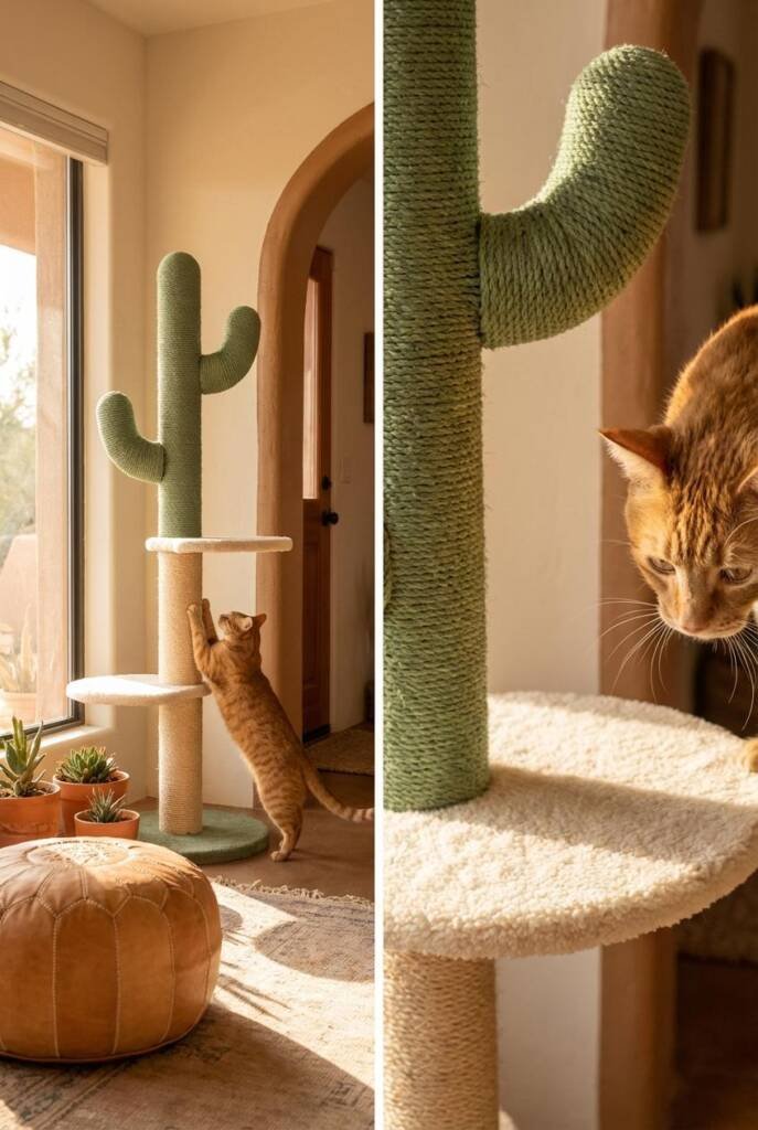 Shot from a slightly low angle in a bohemian desert-inspired living room with an arched doorway framed in raw adobe-toned pla
