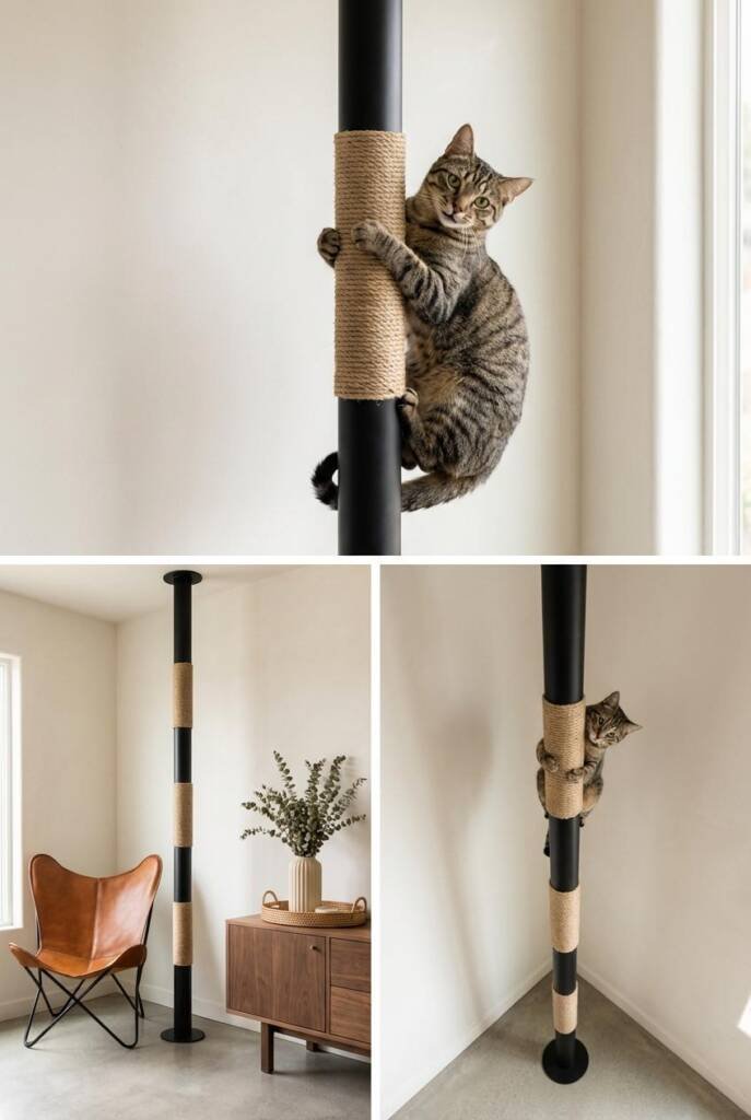 Tight medium shot from eye level inside a California casual studio with smooth lime-plaster walls in warm white and polished