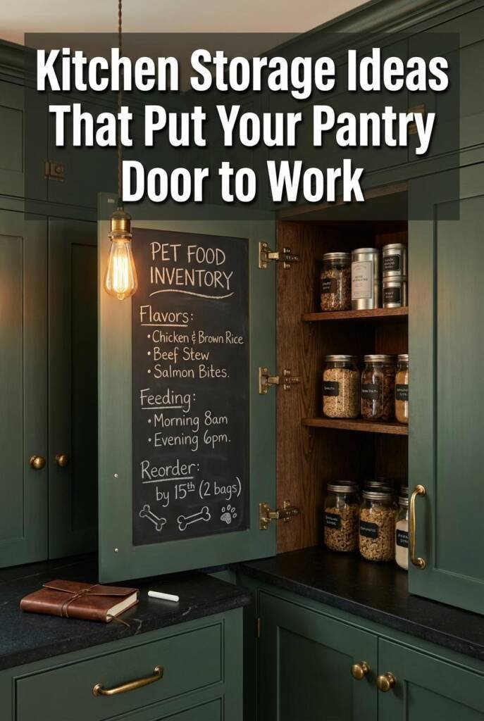 Open pantry cabinet door in a dark academia kitchen with deep forest green cabinetry and antiqued brass knobs. The interior o