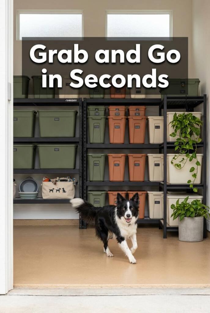 Wide-angle shot from the doorway threshold of a tidy three-car garage, bright overcast daylight filtering through two frosted