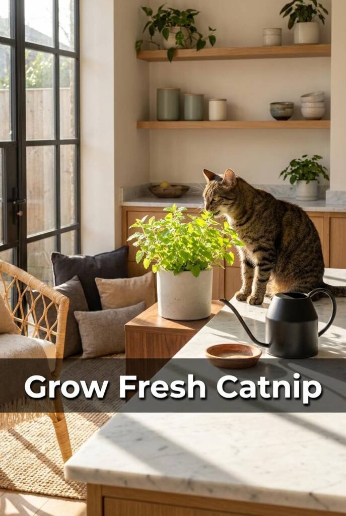 Eye-level straight-on composition in a Japandi-style kitchen nook with low morning sun streaming through a steel-framed windo