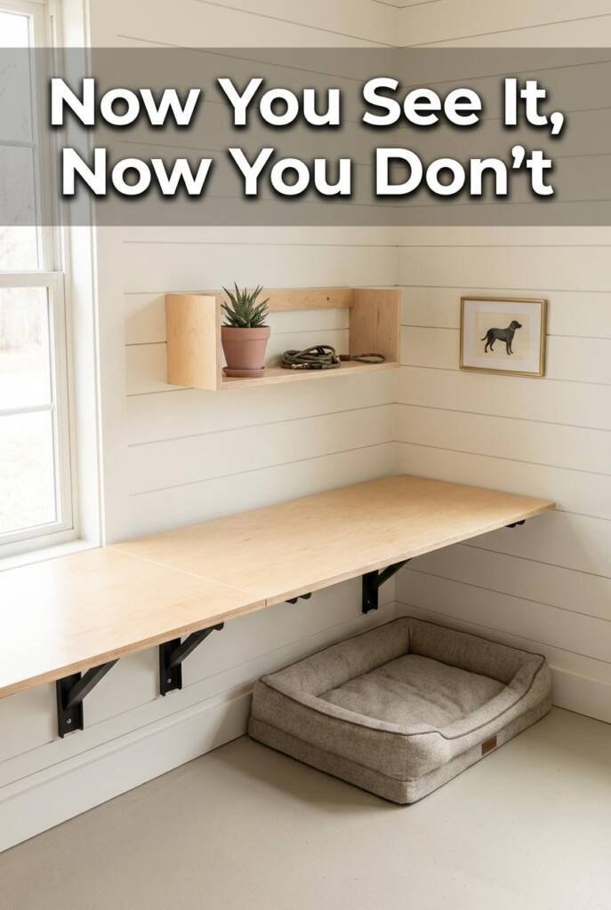 Three-quarter elevated angle capturing a Benchmark fold-down workbench in natural birch plywood with matte black powder-coate