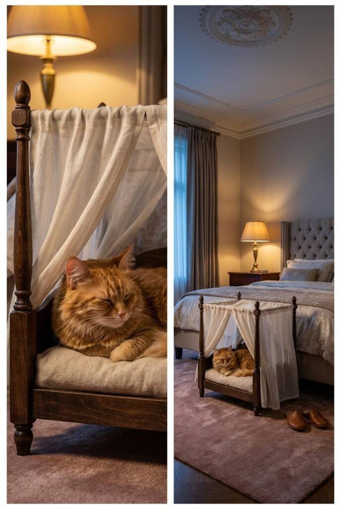 Shot from a low angle at pet height looking slightly upward in a grand traditional bedroom with high ceilings and ornate plas