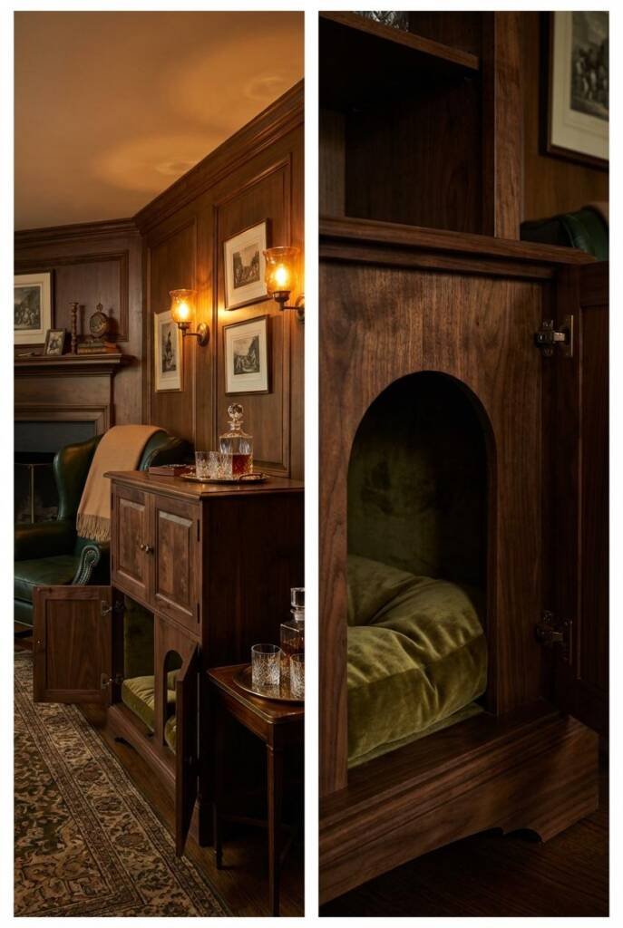 Slightly elevated 3/4 angle capturing a cozy low-ceilinged traditional den with English gentleman's club atmosphere. Warm lig