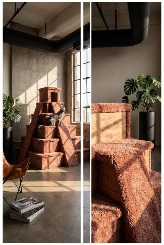 Straight-on eye-level composition in an industrial loft with double-height ceilings, exposed ductwork painted matte black, an