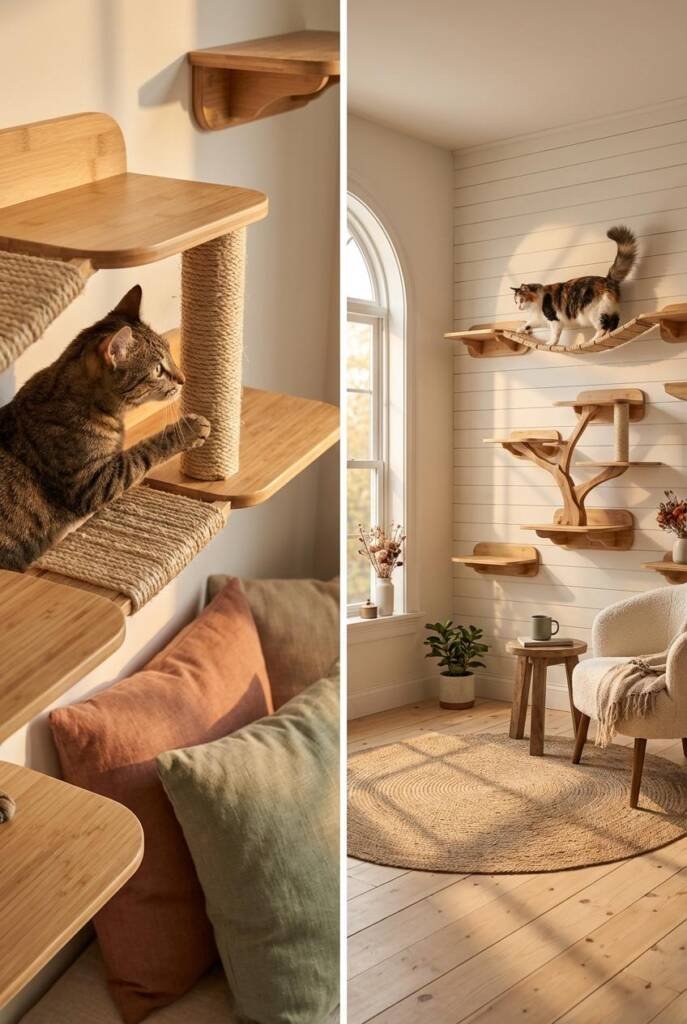 Slightly elevated 3/4 angle shot of a modern farmhouse living room corner with shiplap accent wall painted warm white, showca