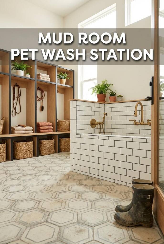 Wide-angle shot from the doorway threshold into a generous barndominium mud room, bright and airy with high clerestory window