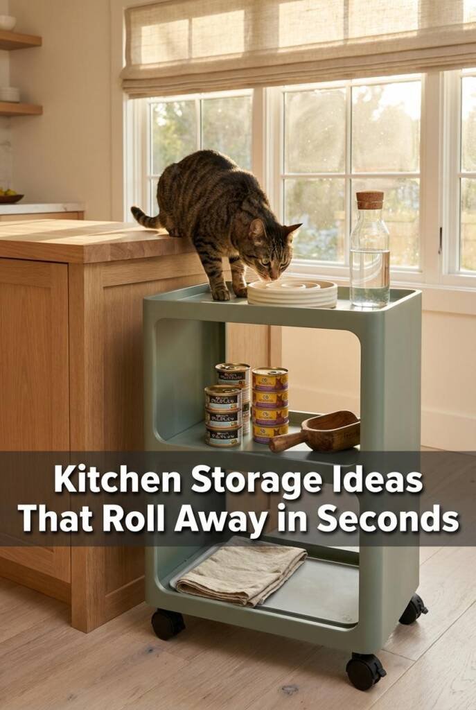 Matte dusty sage rolling cart beside a white oak kitchen island in a California casual kitchen. Top tier: ceramic slow-feeder