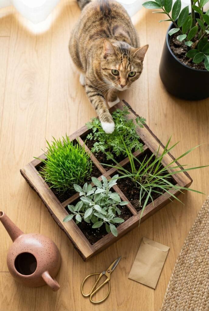 Overhead flat-lay shot looking directly down at a shallow raw-edge live-edge walnut tray planter sectioned into four compartm
