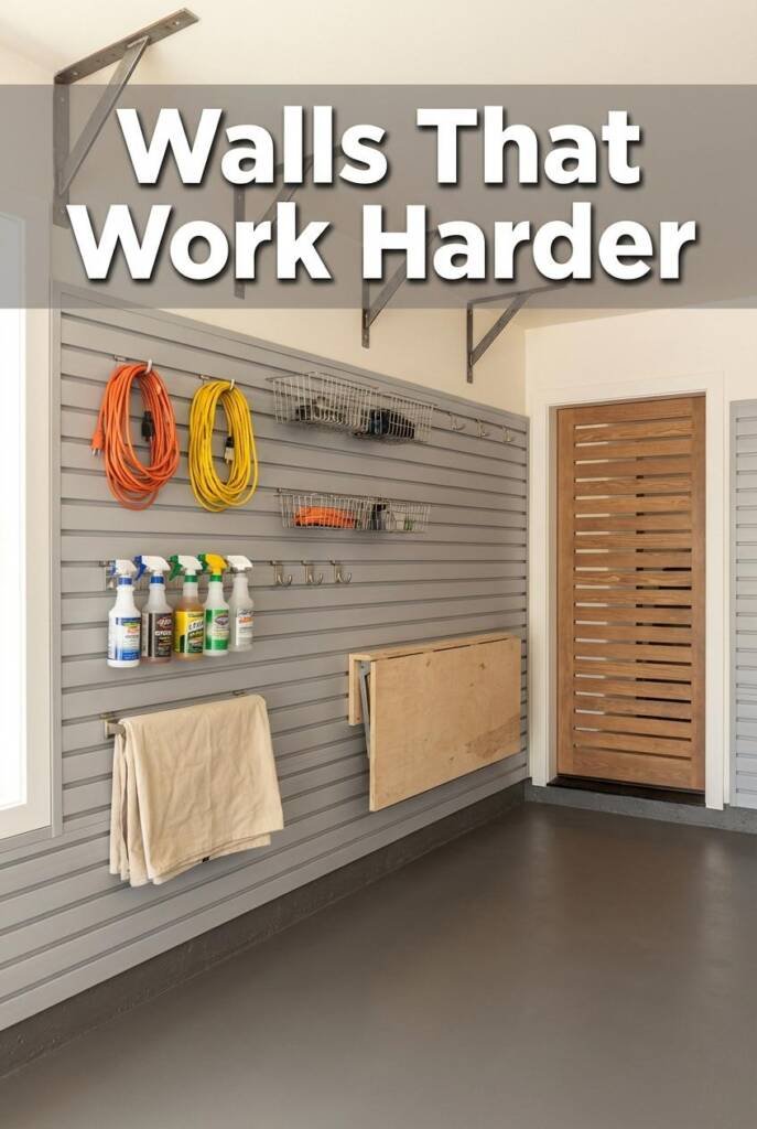 Eye-level straight-on shot of a single garage wall transformed with dove-gray PVC slatwall panels from Proslat, illuminated b