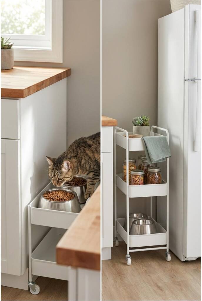 Tight crop from a slightly low angle looking up at a slim matte white powder-coated steel three-tier rolling cart nestled in