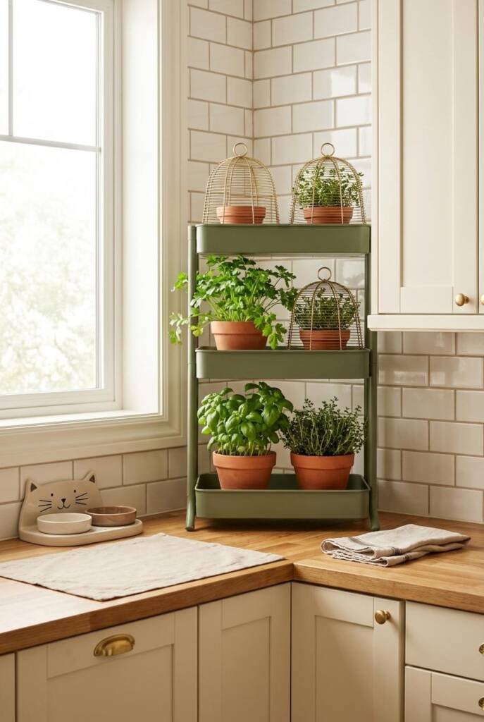 Eye-level straight-on shot in a modern farmhouse kitchen, focusing on a three-tier matte olive green IKEA LANTLIV plant stand