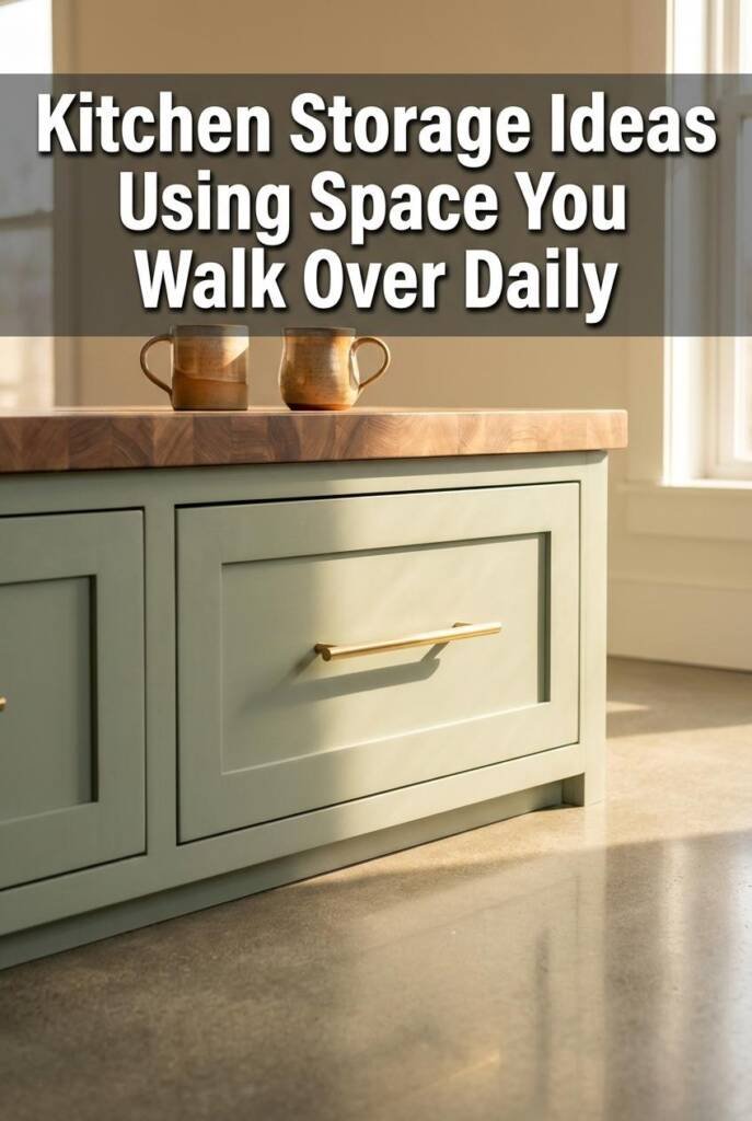 Slim toe-kick pull-out drawer extended from the base of soft sage green Shaker cabinetry. The stainless steel-lined drawer re