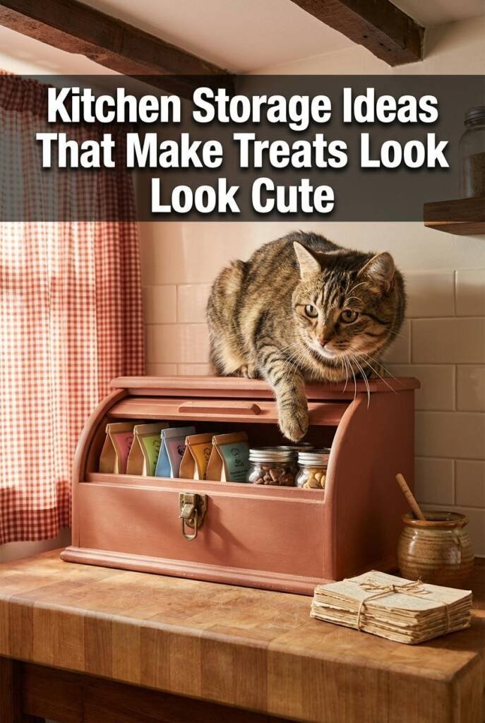 Dusty terracotta vintage roll-top bread box on a warm butcher block countertop in a cottagecore kitchen. Morning light filter