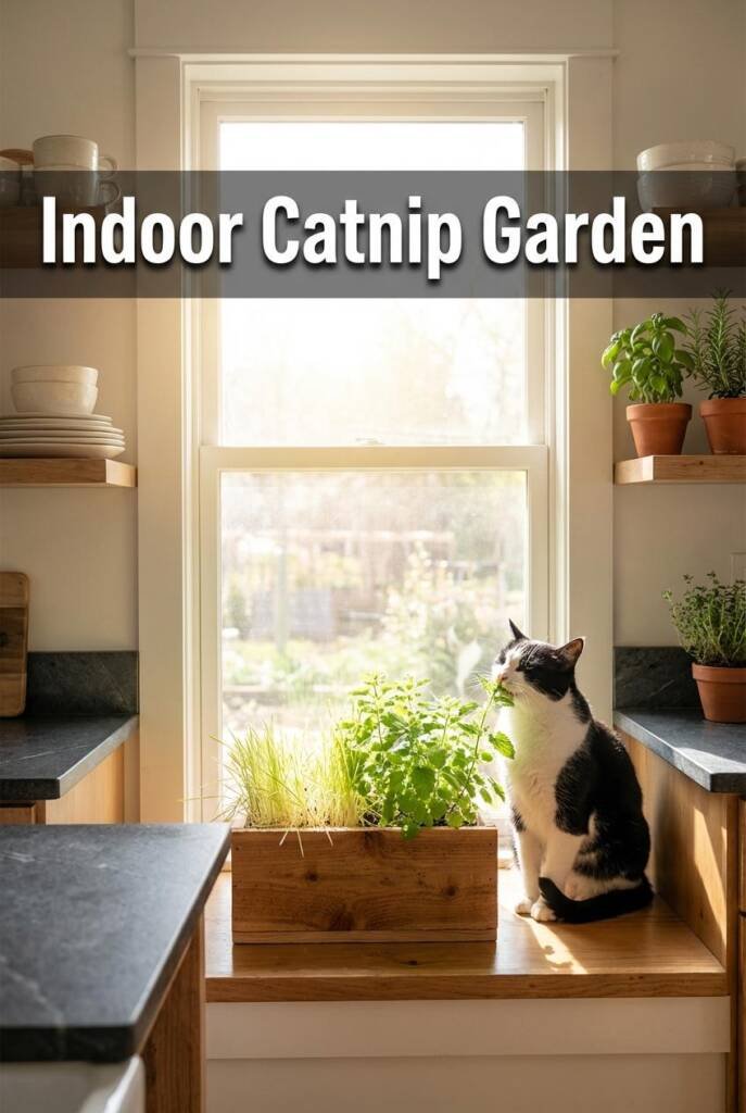 Wide-angle shot from inside the room looking toward a large single-pane window in a modern farmhouse kitchen, bright midday s