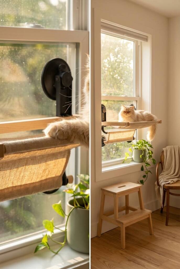 Shot from a low angle looking up toward a large double-hung window inside a cozy Scandinavian minimal studio with matte white