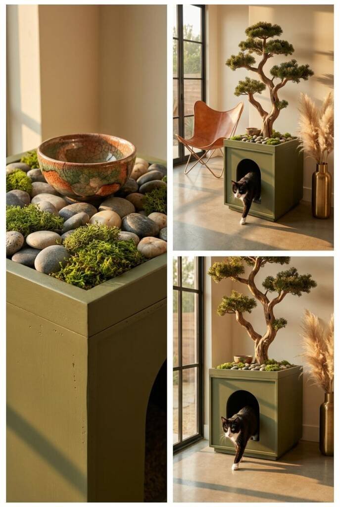 Shot from a low angle looking slightly up at a matte olive green enclosed litter cabinet styled as a zen garden base, with sm