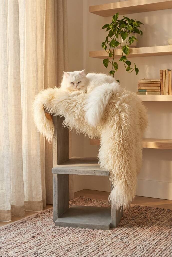 Medium shot from eye level focusing on the top platform of a concrete-look cat tower draped with a creamy ivory Icelandic she