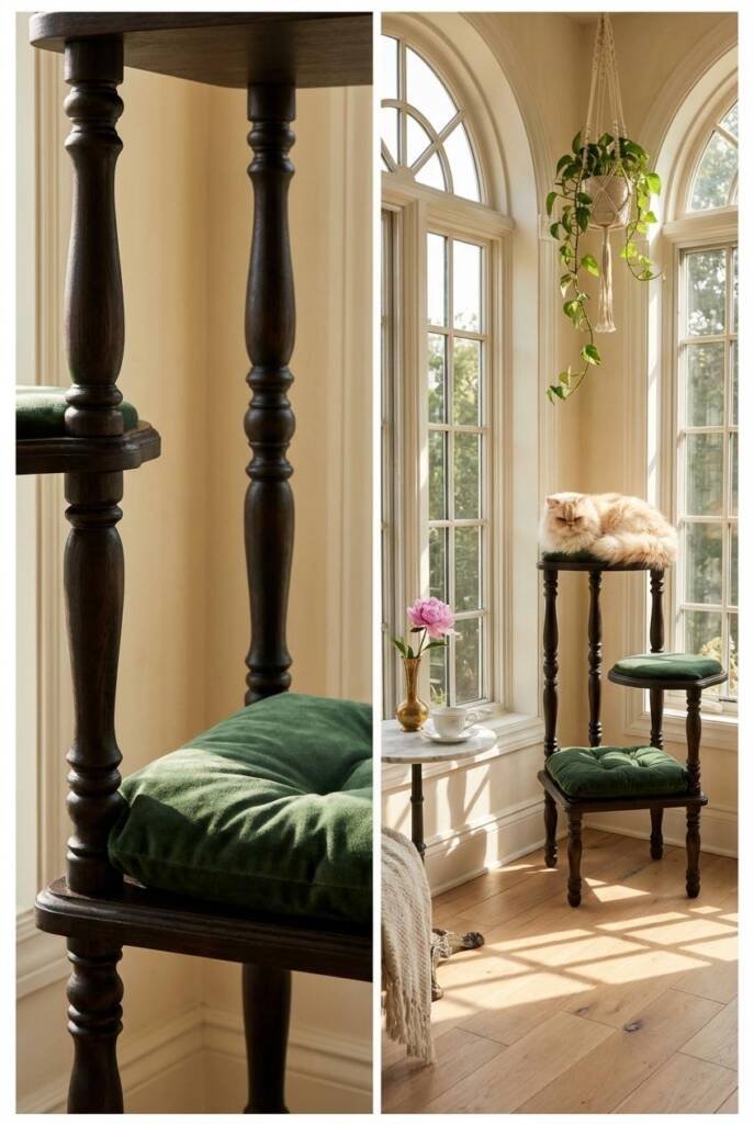 Medium shot from eye level capturing a sun-drenched corner of a cottagecore-meets-old-money morning room with arched windows