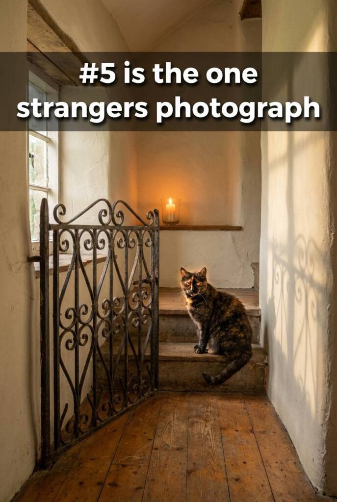 Near-dark cottagecore entryway, a single candle burning on the landing above sending flickering orange light through the wrou